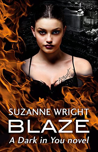 Book cover: woman with fiery background, city skyline, and title "Blaze.