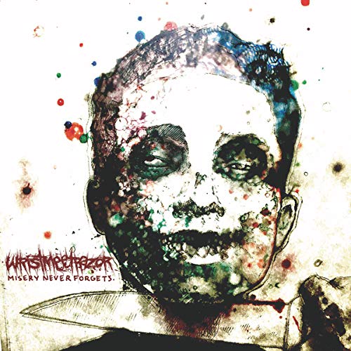 Album cover with a man's face and paint splatters, titled "Misery Never Forgets".