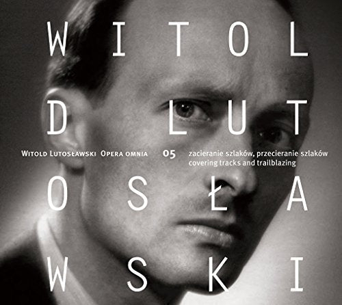 Black and white portrait of Witold Lutosławski with overlaid text of his name.