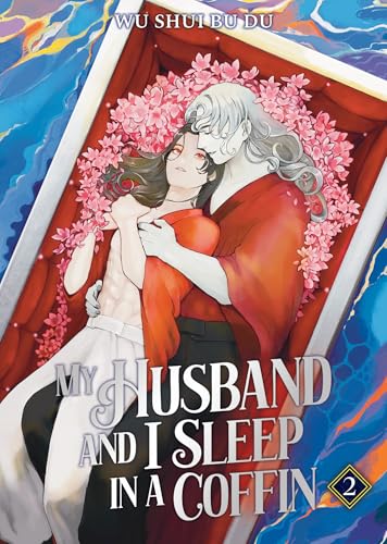 Manga cover: couple embracing inside a coffin surrounded by flowers.