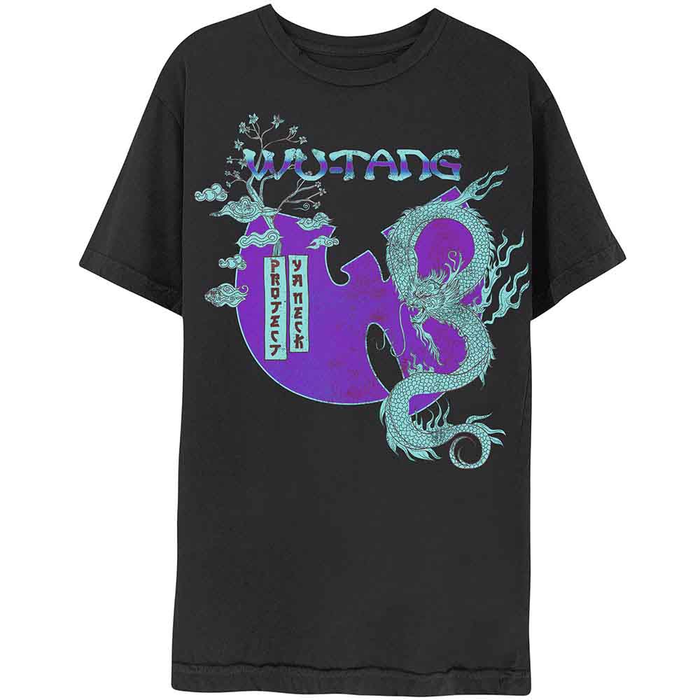 Purple Wu-Tang Clan t-shirt with a green dragon and bonsai design.