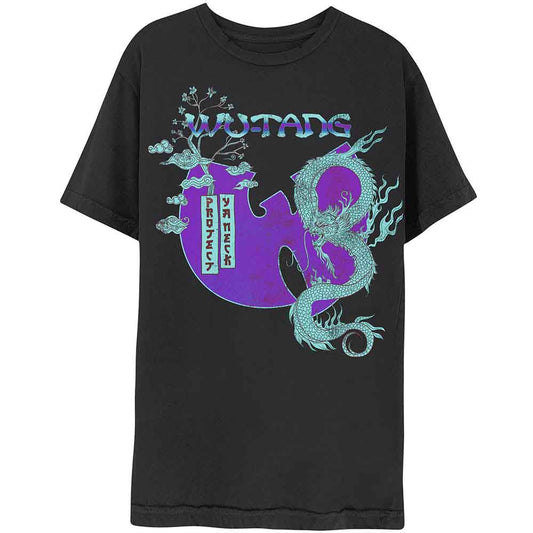 Purple Wu-Tang Clan t-shirt with a green dragon and bonsai design.