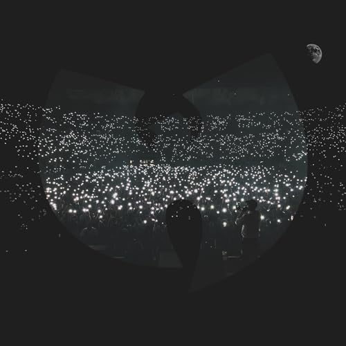 Black and white concert crowd viewed through a circular Wu-Tang Clan logo.