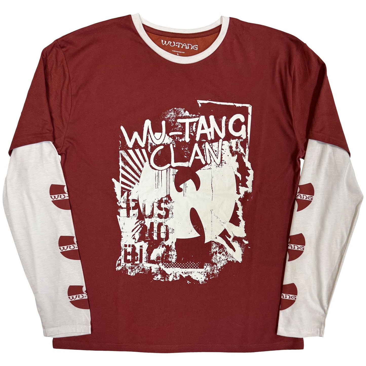 Maroon and white layered long-sleeve shirt with Wu-Tang Clan graffiti logo on the front.