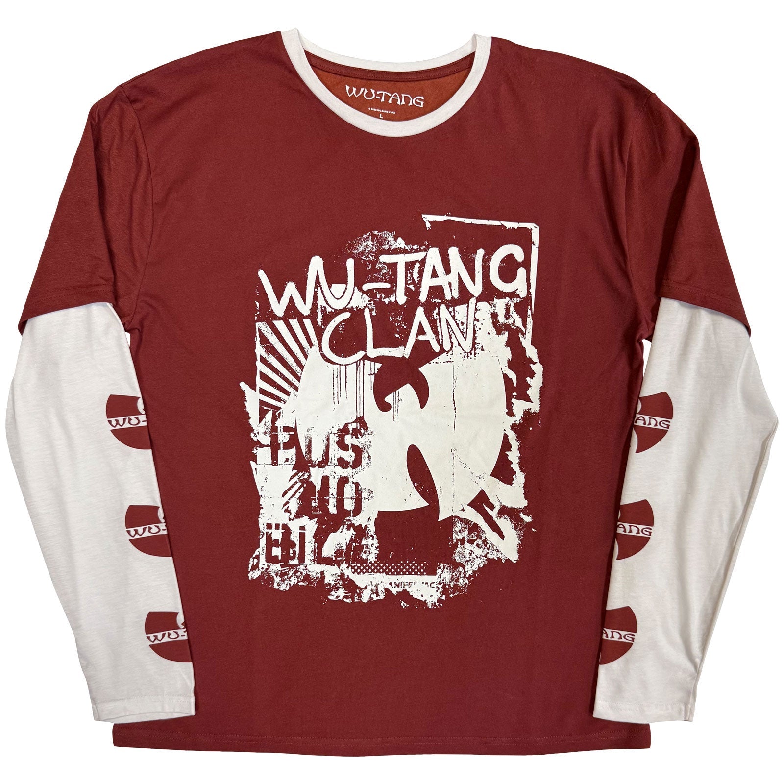 Maroon and white layered long-sleeve shirt with Wu-Tang Clan graffiti logo on the front.