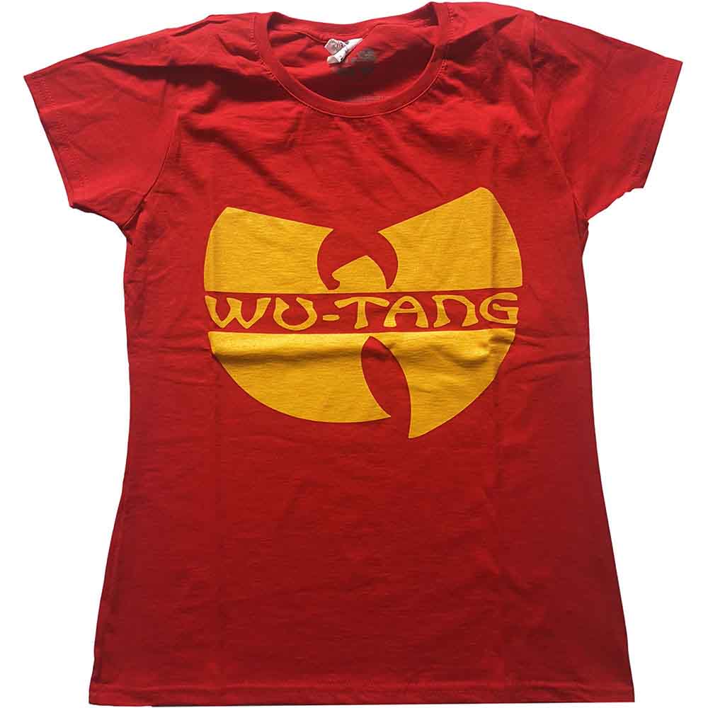 Red t-shirt with large yellow Wu-Tang Clan logo, worn by a woman.