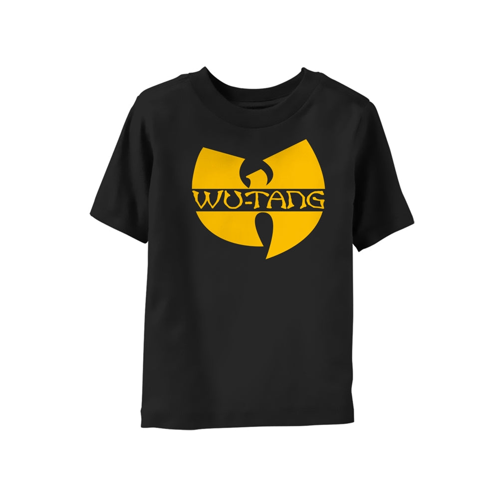 Black baby t-shirt with yellow Wu-Tang Clan logo graphic.
