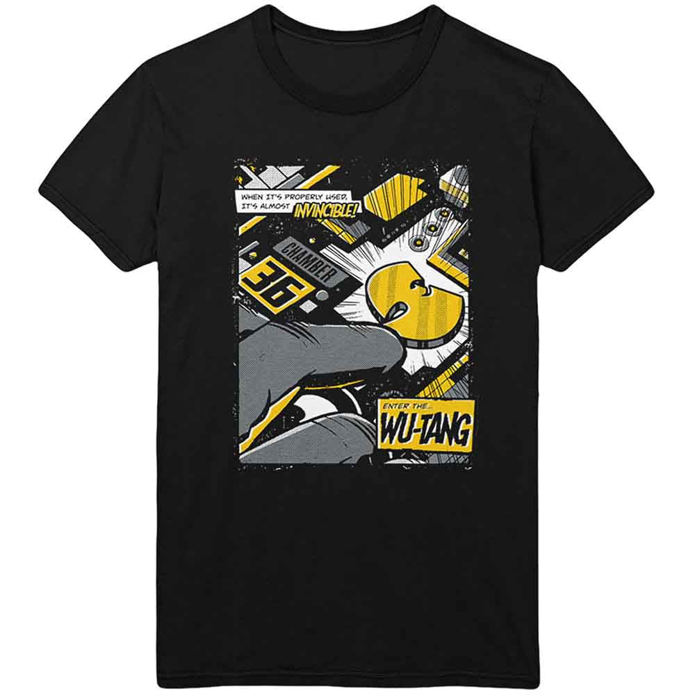 Black Wu-Tang Clan t-shirt with comic book style graphic design.