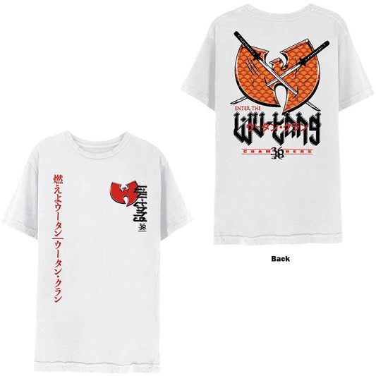 A man wearing a white Wu-Tang Clan t-shirt with red and black graphic designs.