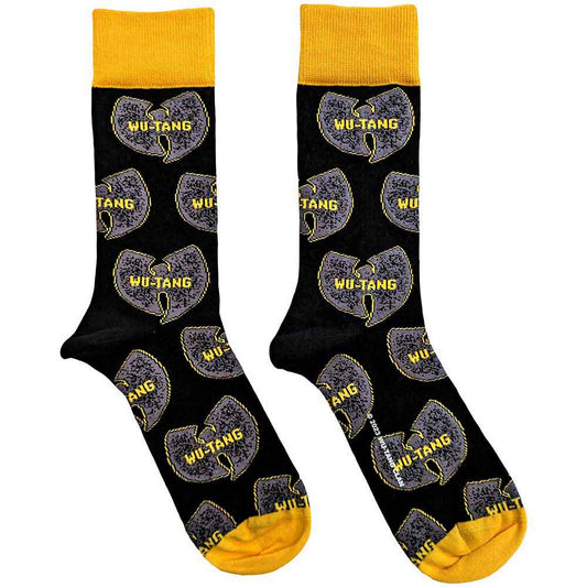 Grey ankle socks featuring repeating Wu-Tang Clan logos, sized for UK 7-11.