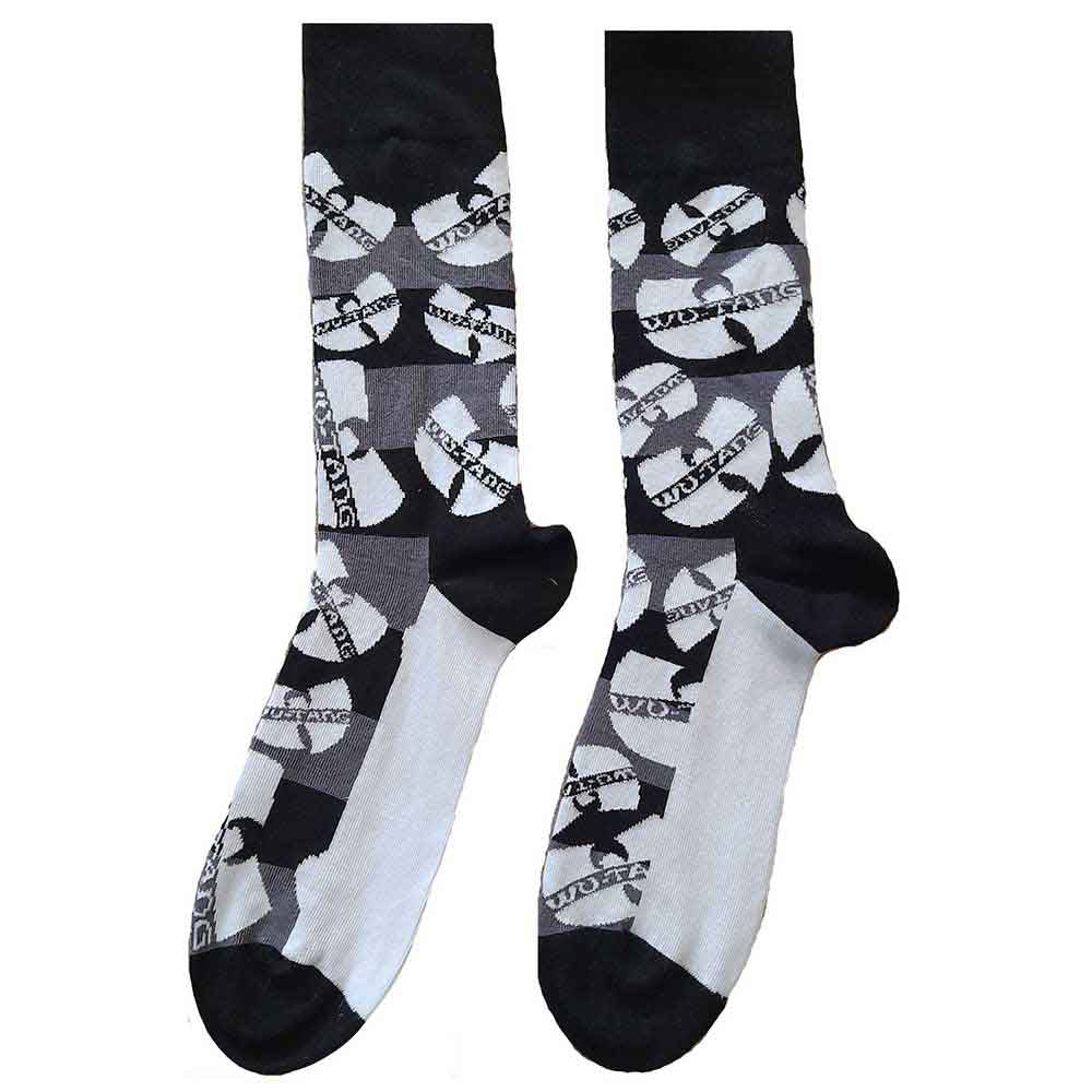 Black and white ankle socks featuring the Wu-Tang Clan logo in a monochrome pattern.