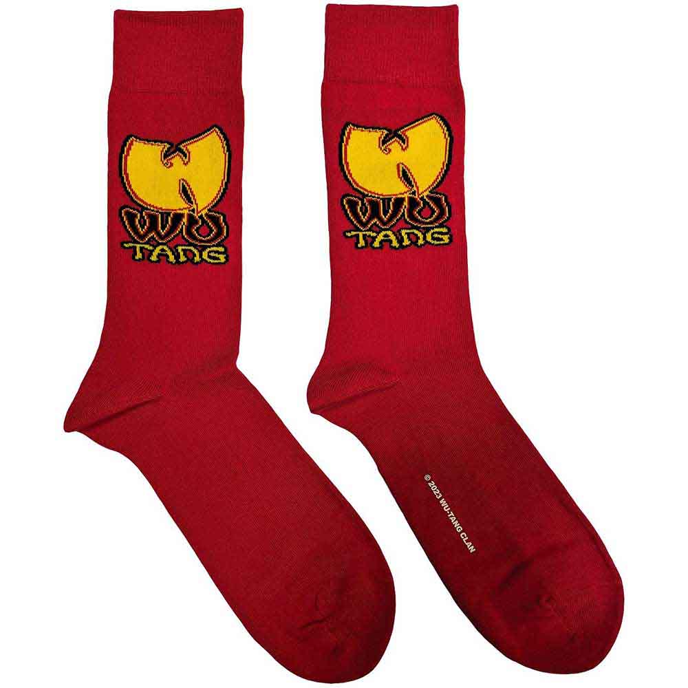 Red ankle socks with a yellow Wu-Tang Clan logo on each.
