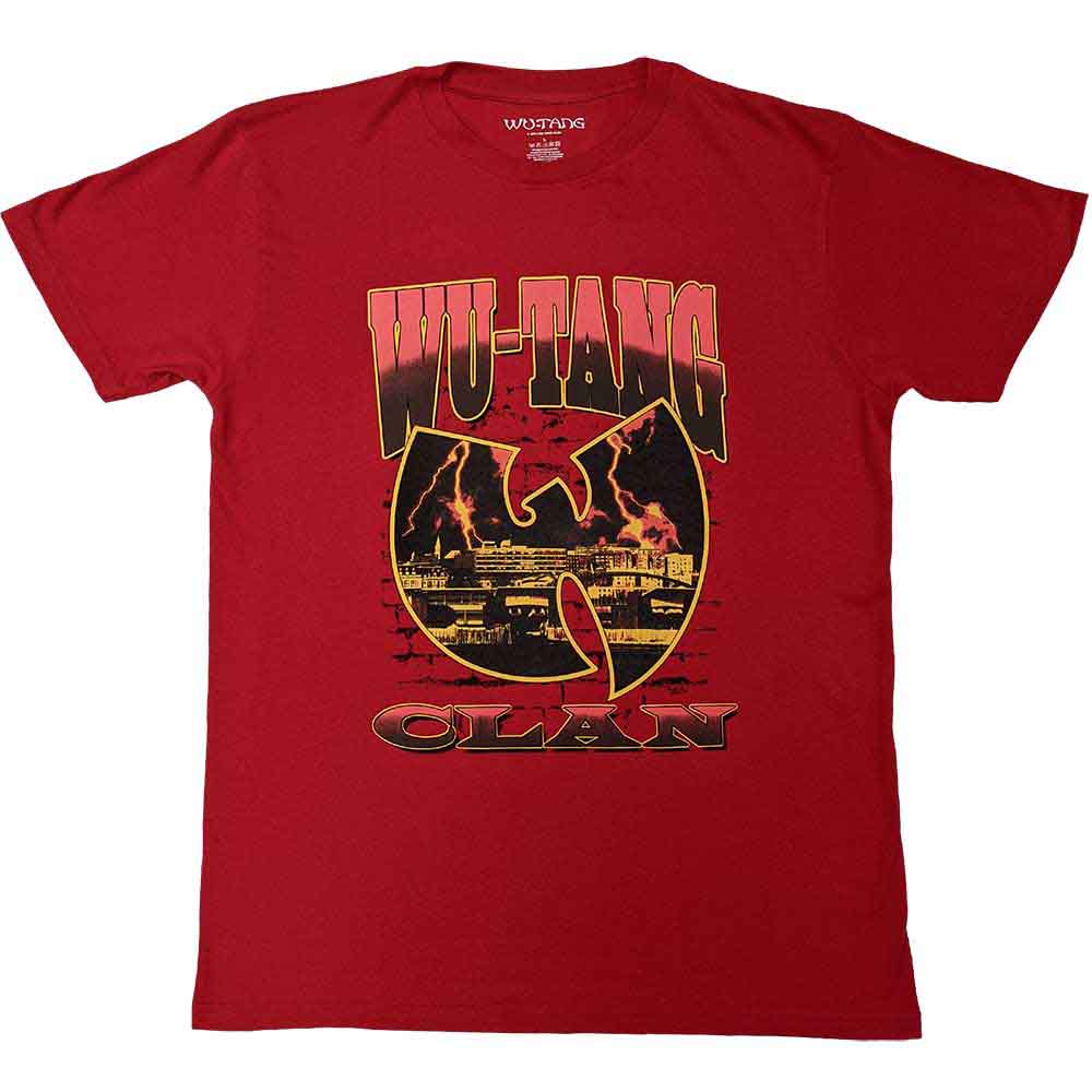 Black unisex t-shirt featuring a Wu-Tang Clan logo graphic over a brick wall background.