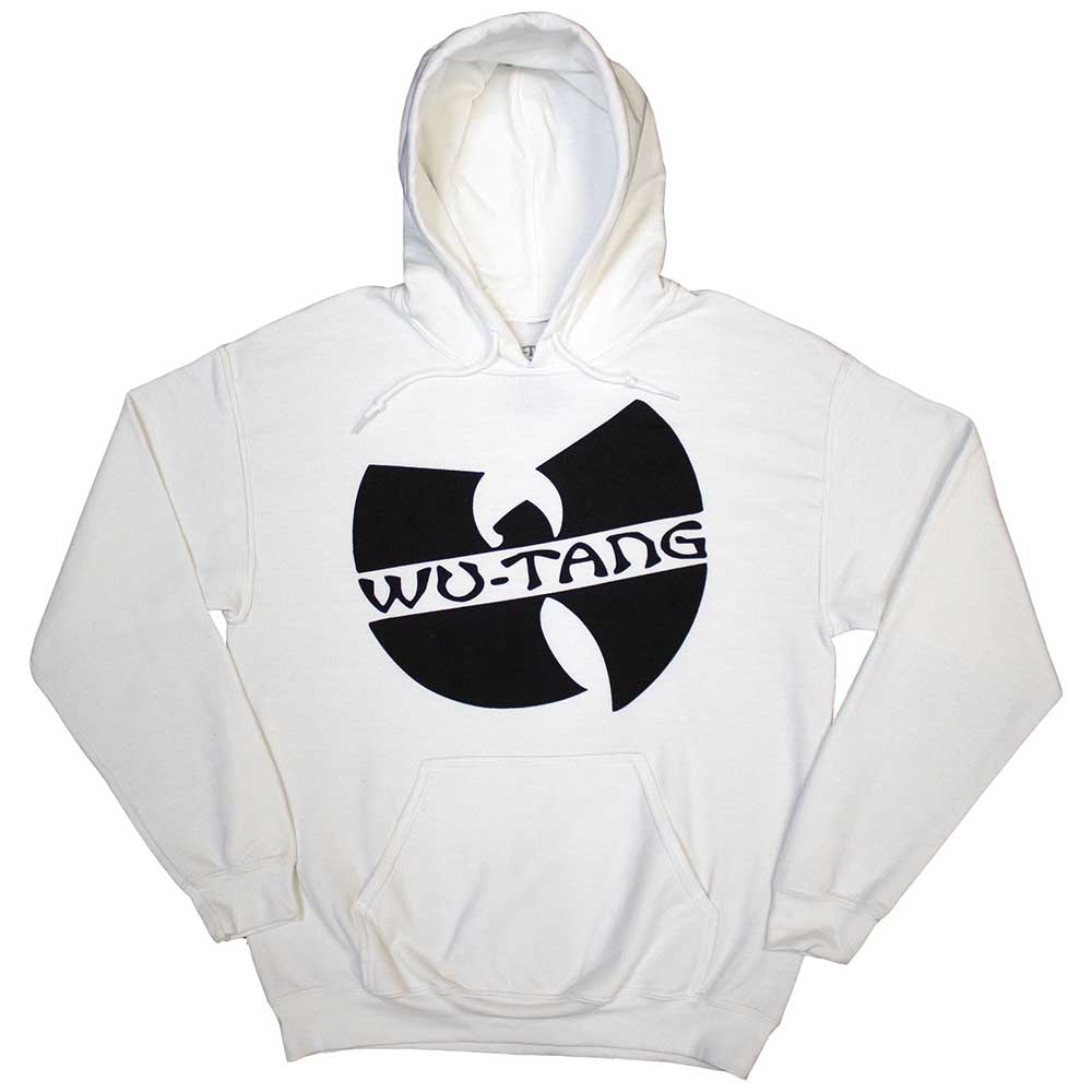 Black unisex pullover hoodie featuring a white slanted Wu-Tang Clan logo on the chest.