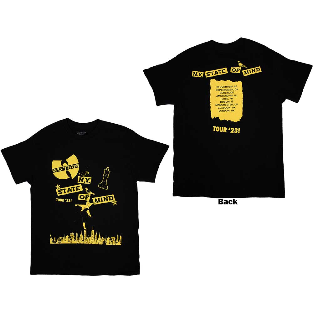 Black unisex t-shirt featuring Wu-Tang Clan branding and 2023 tour details on the back.