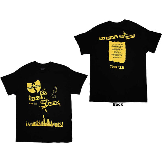 Black unisex t-shirt featuring Wu-Tang Clan branding and 2023 tour details on the back.