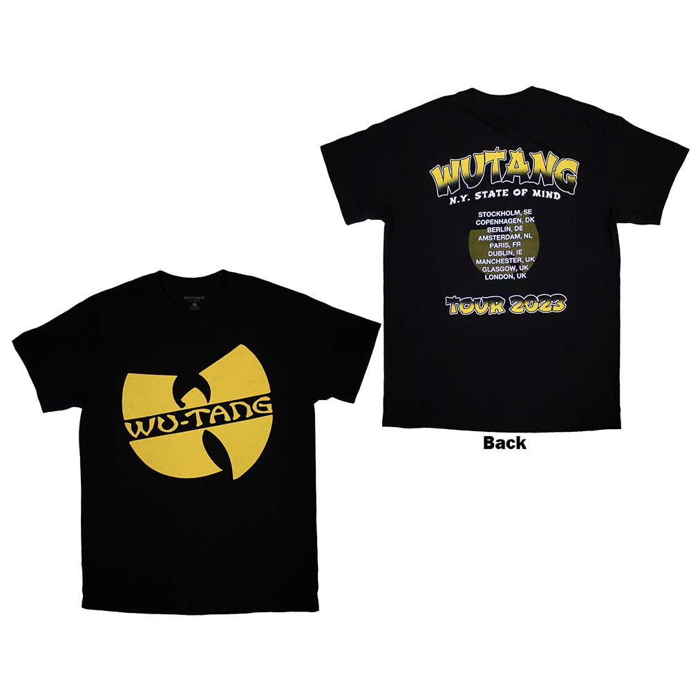 Black Wu-Tang Clan t-shirt with slanted logo back print, tour '23 design.