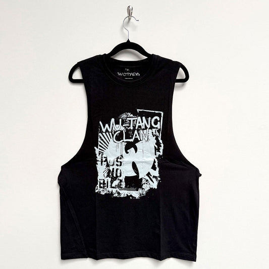 Black vest t-shirt with Wu-Tang Clan graffiti-style design, size X-Large.