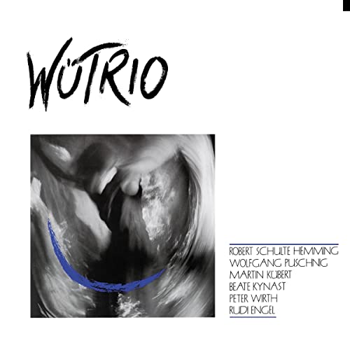 Wutrio vinyl record cover with abstract black and white portrait and blue line.