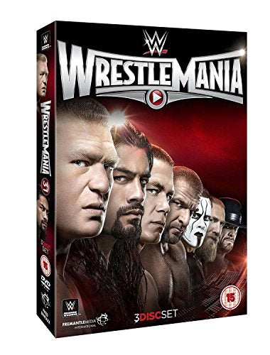 WWE WrestleMania 31 DVD cover featuring portraits of professional wrestlers on a red background.