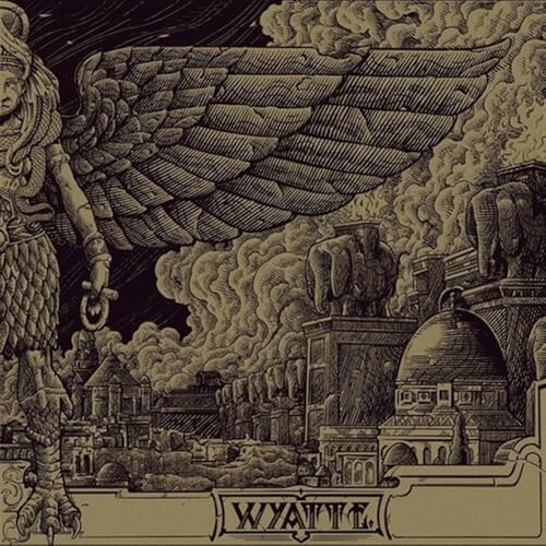 Detailed, sepia-toned illustration of winged figure over a ziggurat city.