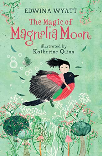 Book cover: girl riding a colorful bird over a floral landscape.