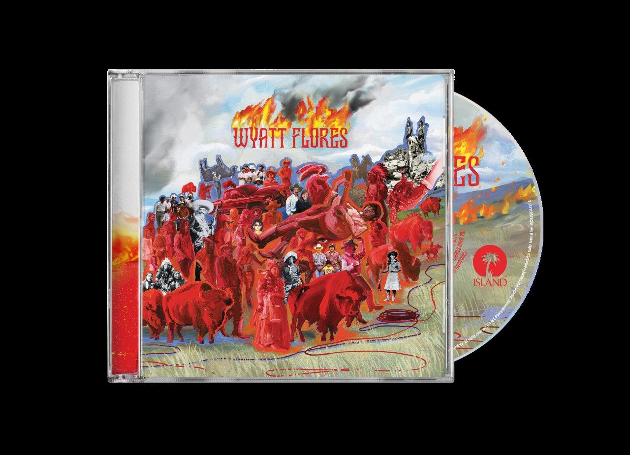 Wyatt Flores CD cover, red figures in a landscape with a fiery sky.