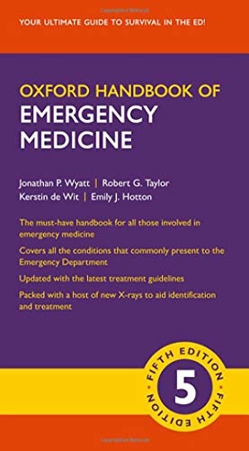 Cover of the fifth edition Oxford Handbook of Emergency Medicine with purple background.