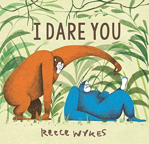 Book cover: an orange orangutan reaching towards a blue gorilla in green foliage.