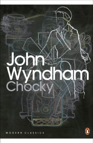 Book cover with white chalk-style drawings of a man and machinery on black.