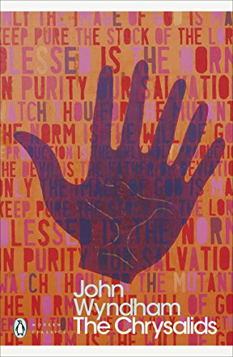 Book cover: "The Chrysalids" by John Wyndham, featuring a purple handprint.