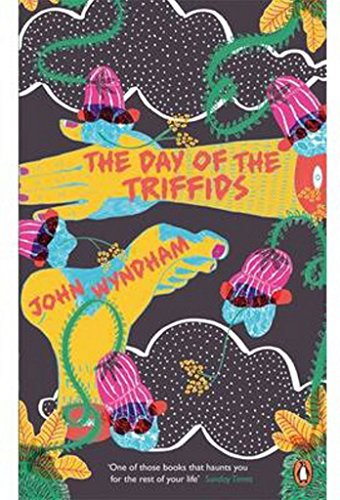 The image is a book cover for "The Day of the Triffids" by John Wyndham. Alt text: "Book cover with colorful triffid plants and title in red on yellow banner."