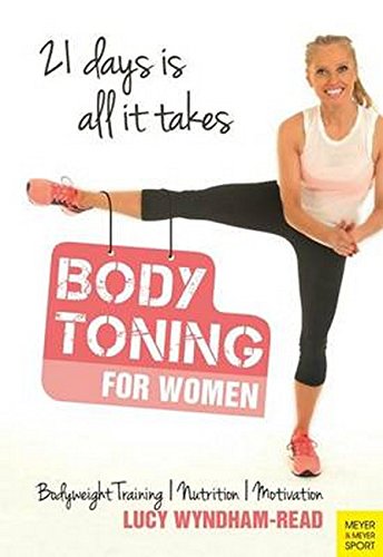 A woman in workout clothes lifts her leg to hold a sign titled Body Toning.