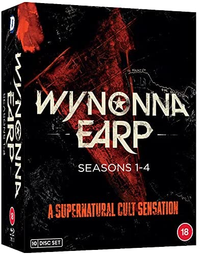 Wynonna Earp Seasons 1-4 Blu-ray cover with a red triangular design on black background.