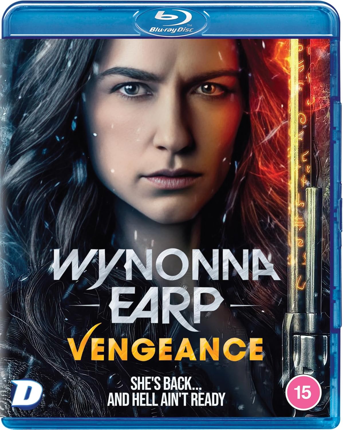Wynonna Earp: Vengeance" Blu-ray cover featuring a determined woman with a gun.