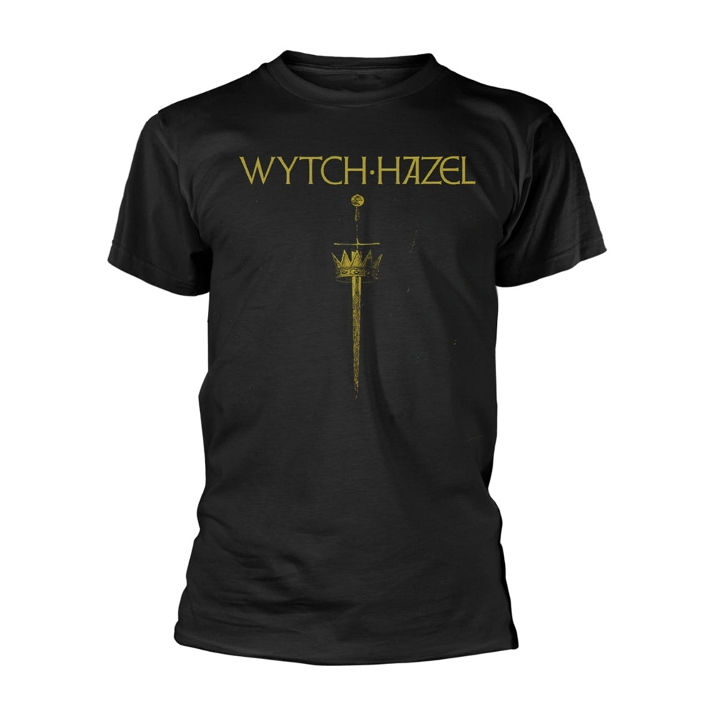 Black t-shirt with gold text “WYTCH·HAZEL” and a sword graphic.