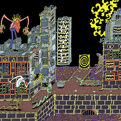 The image depicts a fantastical, abstract scene with a dark background and vibrant, stylized buildings. * The main subject is a sprawling, ruined cityscape with multiple structures. * Key visual characteristics include: + A large, imposing figure with outstretched arms in the top-left corner. + Intricate, ornate details on the buildings, featuring various patterns and designs. + A mix of earthy tones and bright colors, such as purple, yellow, and green