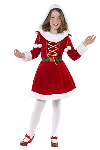Girl wearing a red and white Little Miss Santa costume.