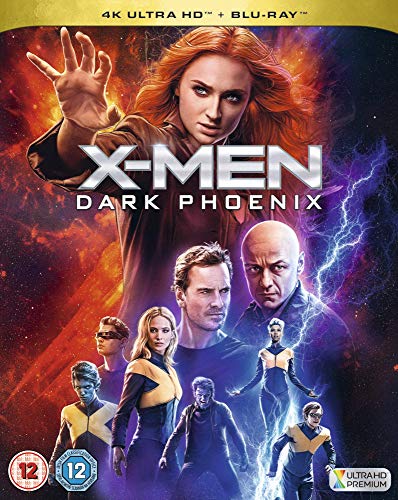 "Blu-ray cover for 'X-men: Dark Phoenix' featuring a woman and several superheroes in space."