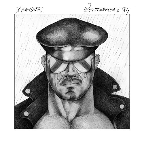 Black and white sketch of a muscular man wearing a cap and sunglasses.