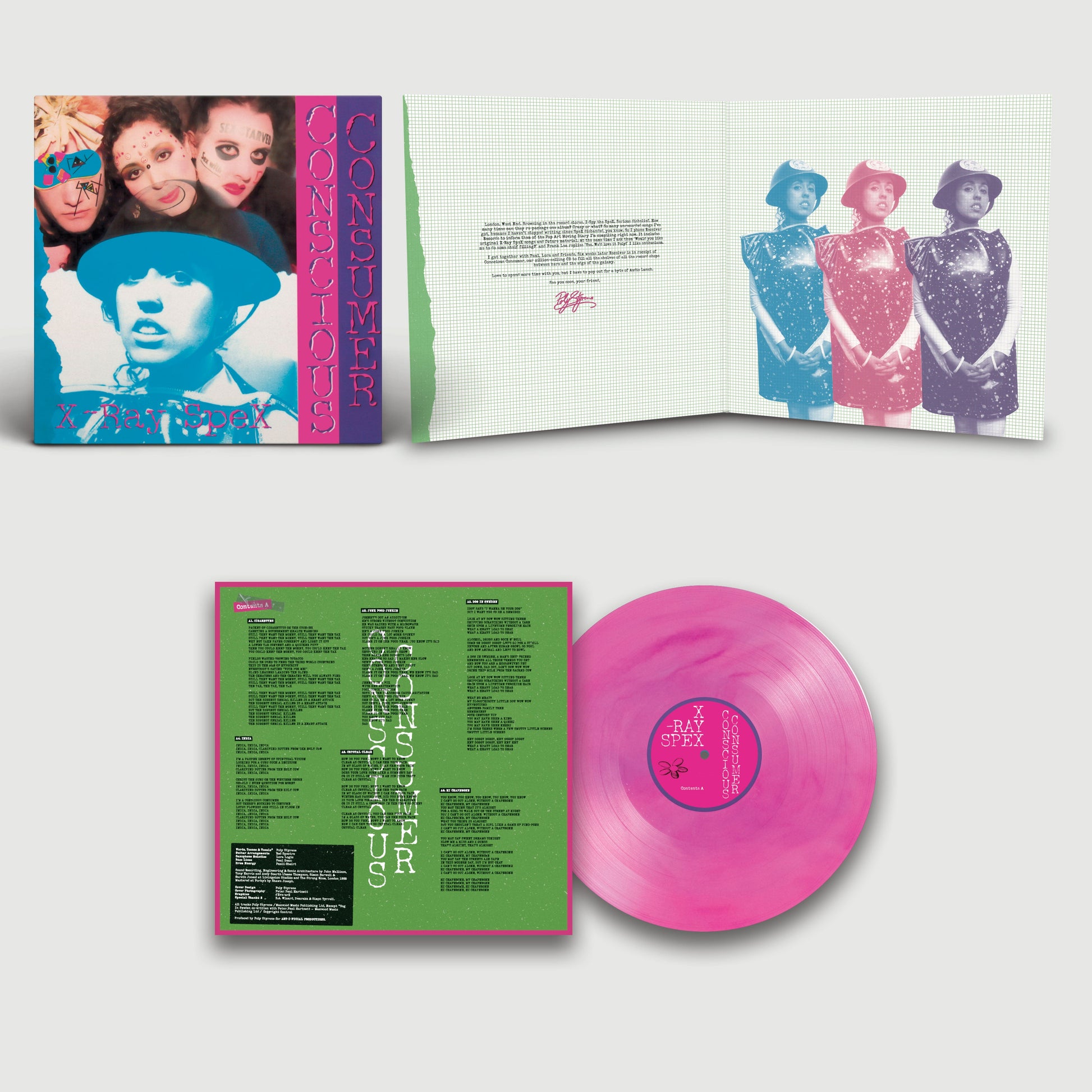 X-ray Spex "Conscious Consumer" vinyl record with pink disc and cover art.