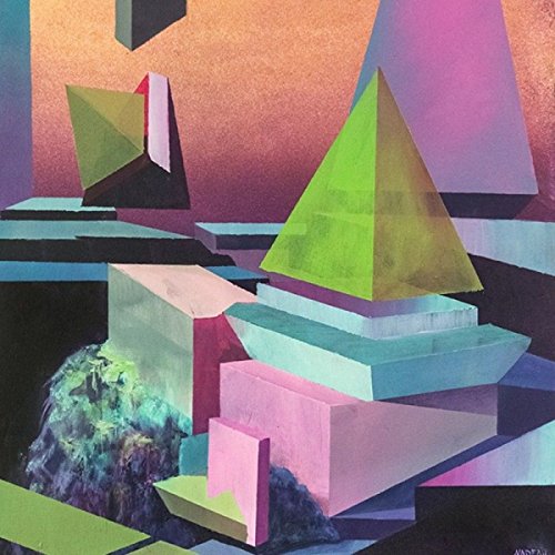 Abstract album cover with geometric shapes in green, pink, and blue.