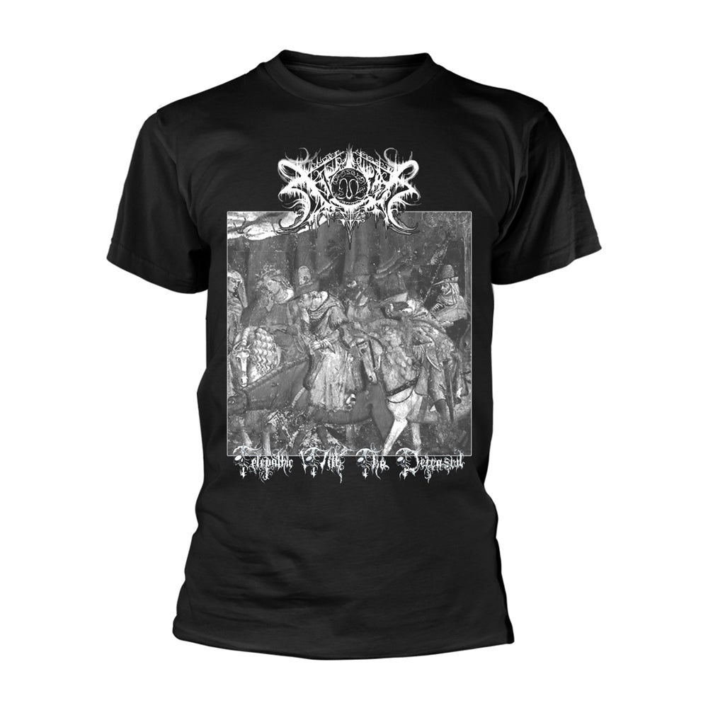 Black t-shirt with ornate, gothic text and a grayscale medieval scene.