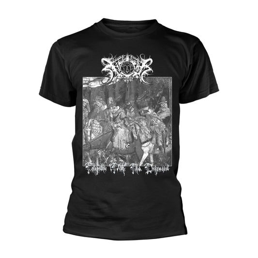 Black t-shirt with ornate, gothic text and a grayscale medieval scene.