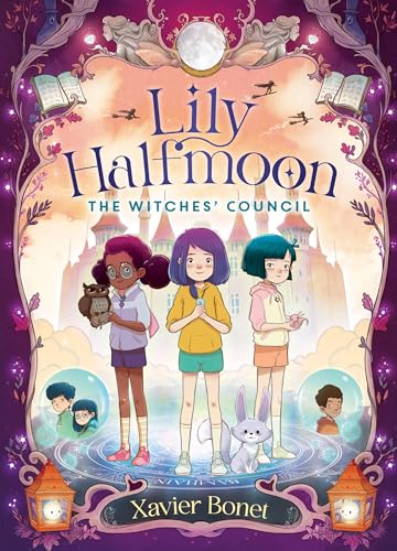Book cover illustration featuring three young girls, an owl, and a small creature.
