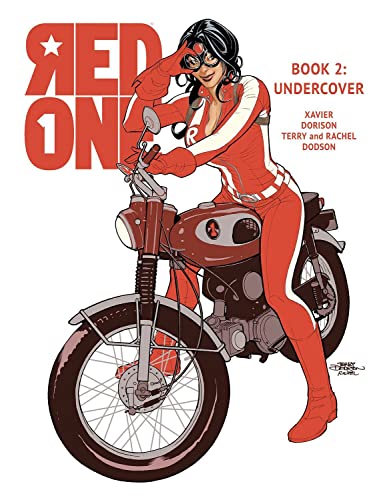 A woman in a red suit and goggles sits on a motorcycle on white background.