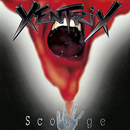 Xentrix “Scourge” CD cover: a screaming mouth with a reaching hand.