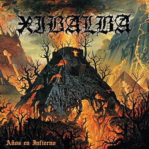 CD cover art: fiery hellscape with a crumbling, fortress-like structure.