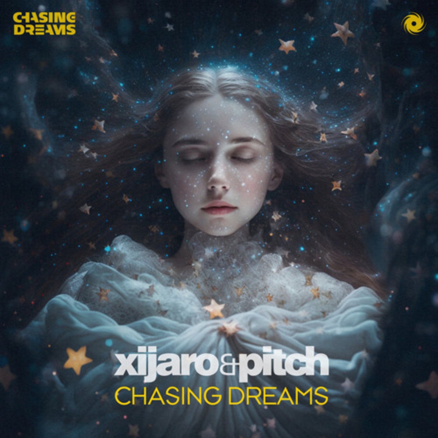 CD cover: woman with closed eyes lying on clouds, stars above.