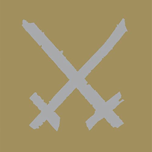 Tan background with two crossed, textured gray lines forming an X.